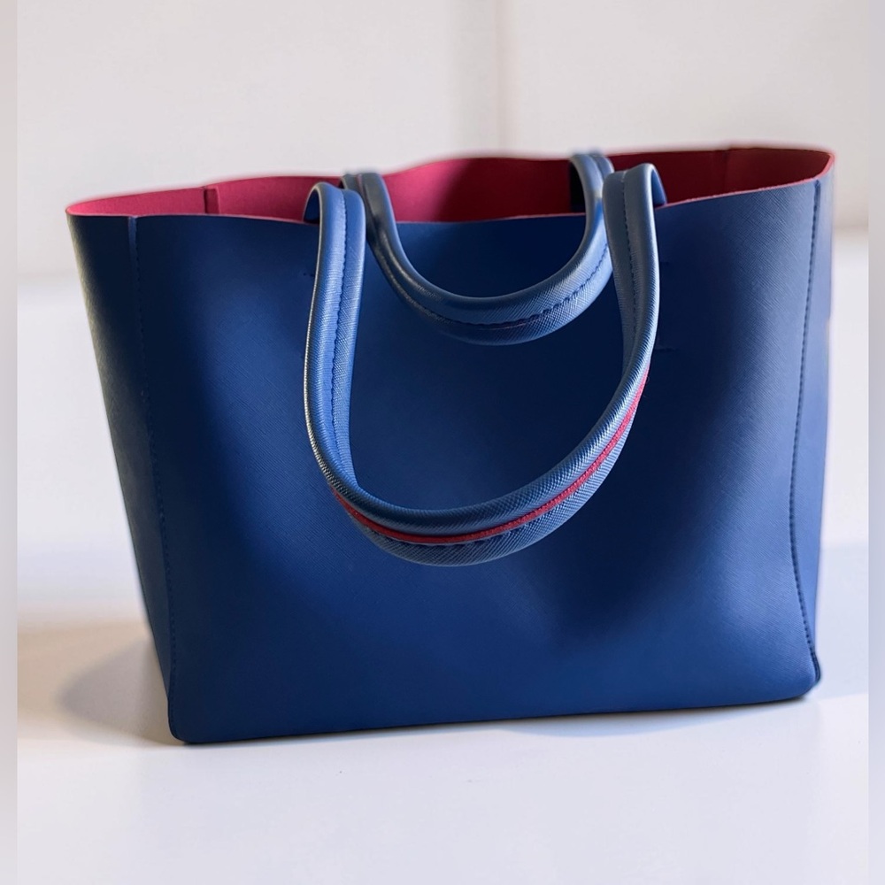 Macy's Blue Tote Bag Pink Interior Faux Leather Large Shopper Women Shoulder Bag